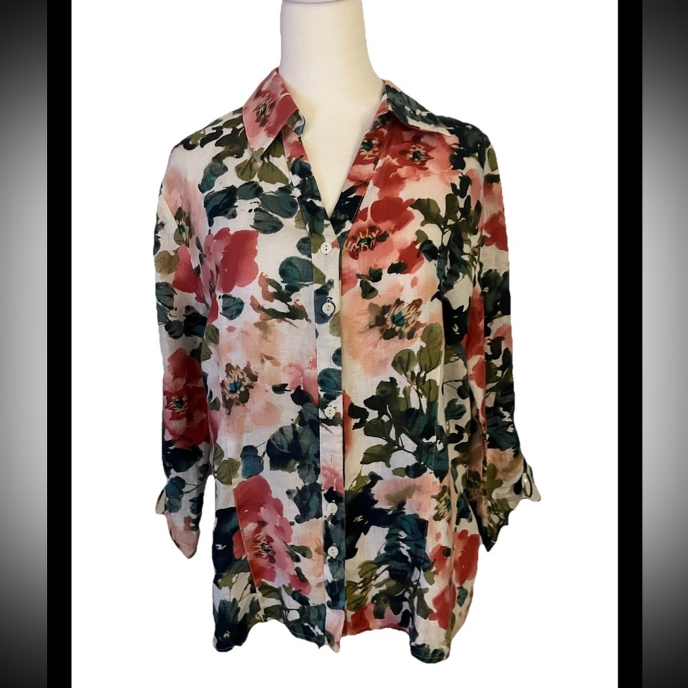100% Linen Button Up Blouse Floral Print By JM Collection Size 12